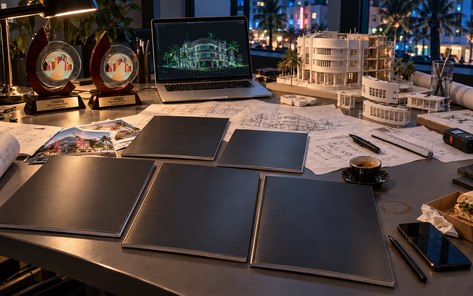 Recreated contemporary working desk with two Cardozo awards, dismantled Cardozo model, tracing-paper sketches, laptop and coffee mug